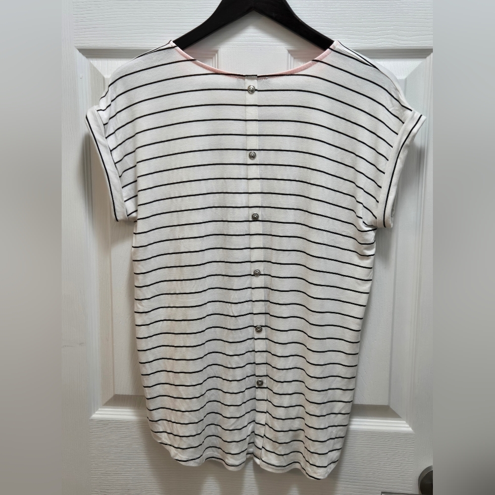 Striped White and Black Top with Neon Orange Accents Size L Papermoon - Picture 3 of 13